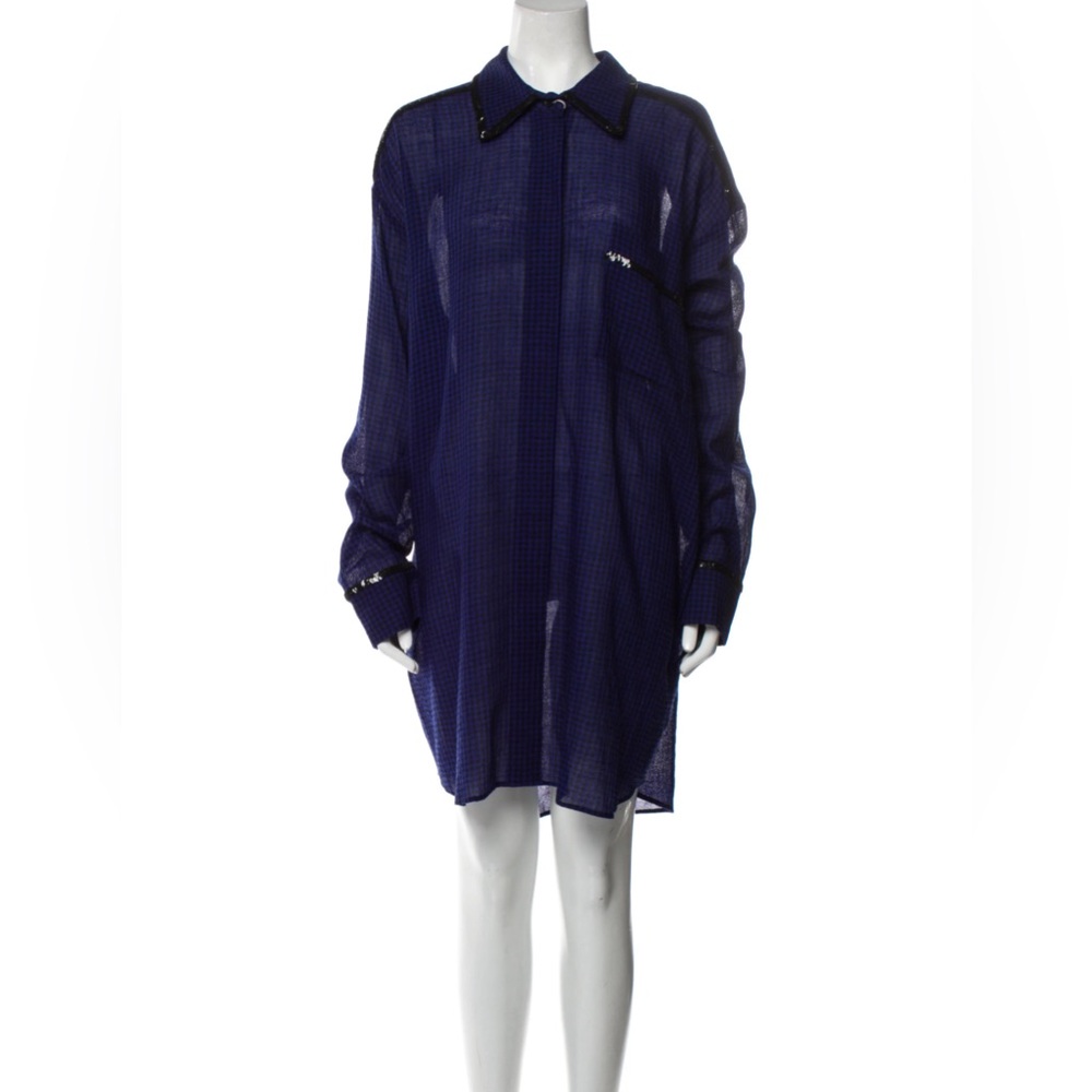 ISA ARFEN OVERSIZED SEQUIN-TRIMMED WOOL CHECKERED  SHIRTDRESS ROYAL BLUE SIZE 12